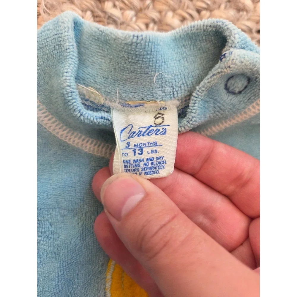 Vintage 80s Carter's Outfit Footie Pajamas Set Blue Velour Bunny Baby Boy 3m